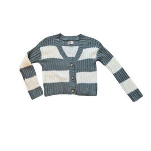 SO Women's Sage Green & White Cotton/Acrylic Striped Sweater Ribbed Knit Button